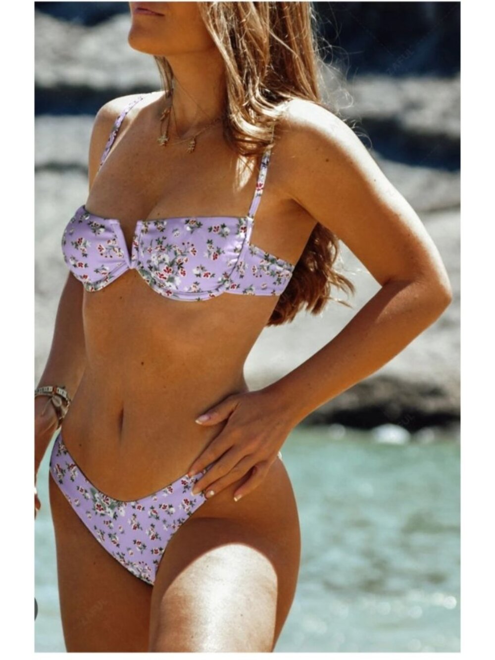 Zaful Womens 2Pc Size 6 Floral Underwire Bikini Set Light Purple with Adjustable
